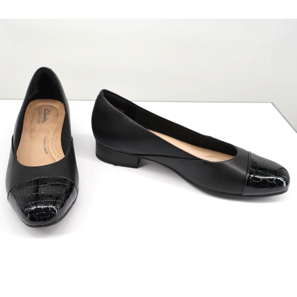 Clarks Juliet Rise Black Leather Croc Cap‎ Toe Flats Comfort 8M